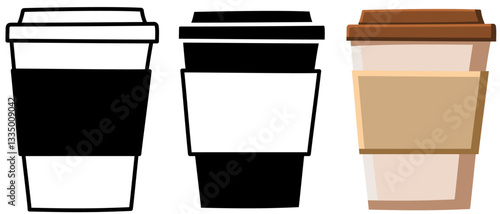 Cartoon Coffee Cup Design in Colour and Black and White, Take away or take out drinks cup