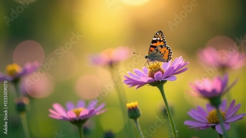 Purple flpwers daisies and butterfly on grass in sunny field. Spring, summer