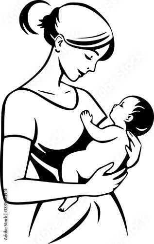 Monochrome illustration of a woman holding a baby in her arms symbolizing motherhood love and care in a minimalist style