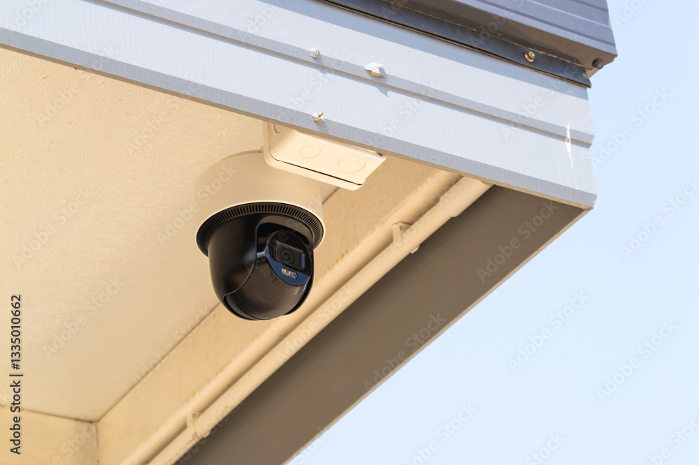 Surveillance installation on building edge urban setting technology outdoor close-up view