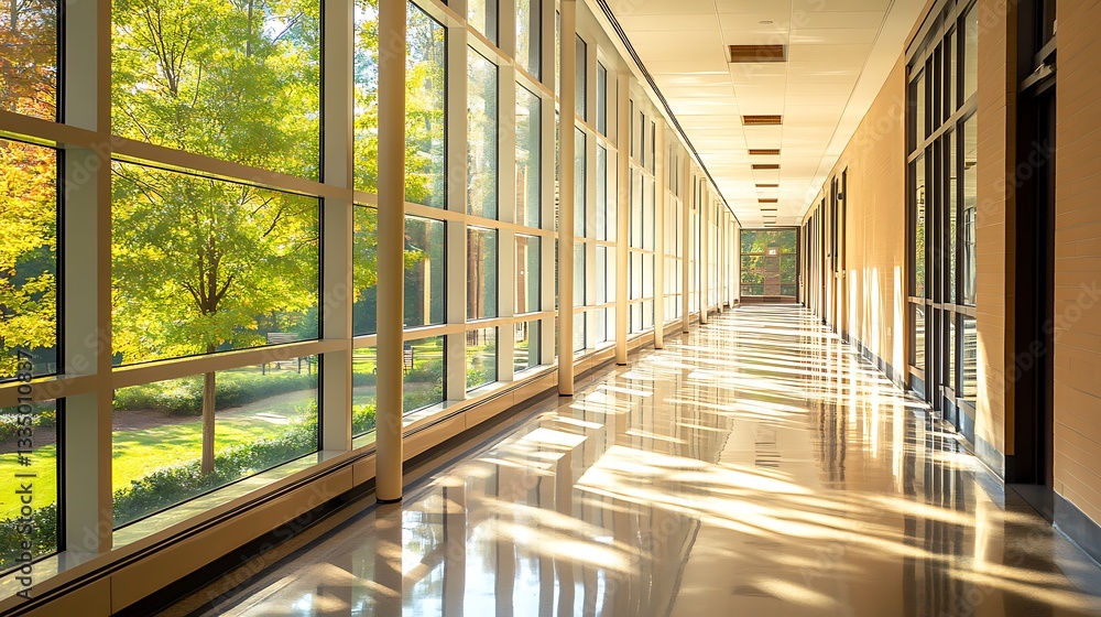 Obraz premium Sunlit hallway with large windows showcasing autumn foliage
