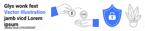 Hands exchanging coins and dollar token, shield with a lock symbol, and a potted plant. Ideal for finance, fintech, security, digital technology, online transactions, insurance flat landing page