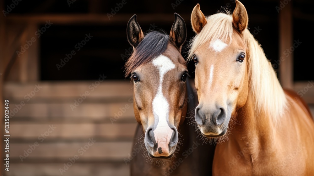 In this tender image, two horses are depicted leaning together in their stable, showcasing their close relationship and the beauty of animal affection in a rustic setting. In this tender image, two horses are depicted leaning together in their stable, showcasing their close relationship and the beauty of animal affection in a rustic setting.