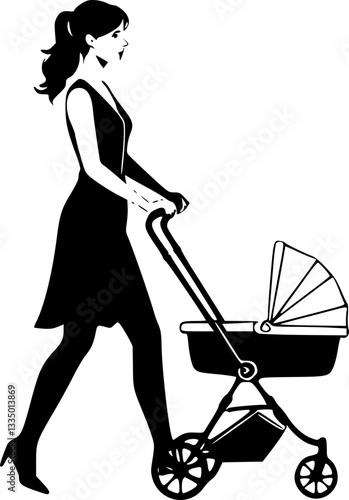 Monochrome illustration of a woman pushing a baby stroller in black and white style for parenting family childcare themes