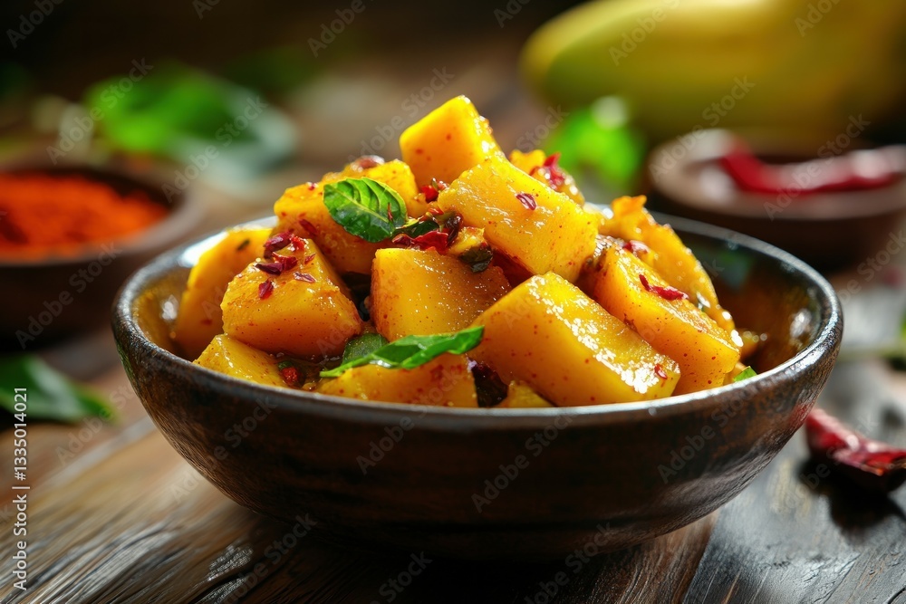 Spicy curried potatoes with herbs and red chilies in rustic bowl. Spicy curried potatoes with herbs and red chilies in rustic bowl.