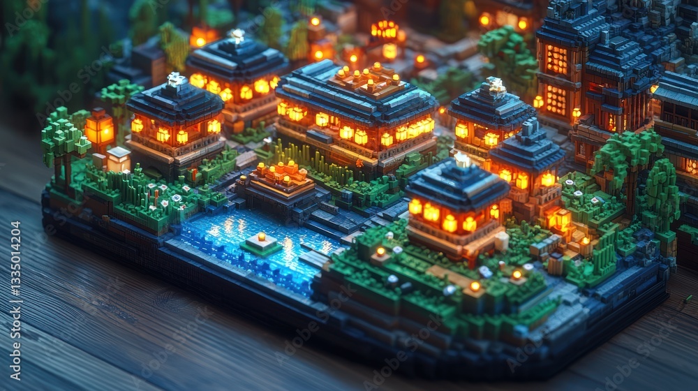 Obraz premium Nightfall in a Miniature Pixelated Village
