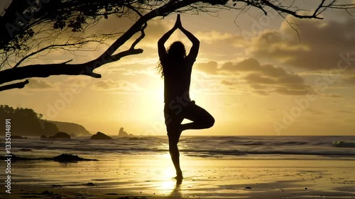 Wallpaper Mural Yoga Tree Pose Silhouette at Sunset: Serene Beach Meditation & Mindfulness Practice for Wellness and Relaxation Torontodigital.ca