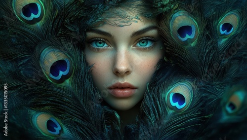 A beautiful woman framed by elegant peacock feathers highlighting her captivating eyes in a surreal and artistic fantasy-inspired
