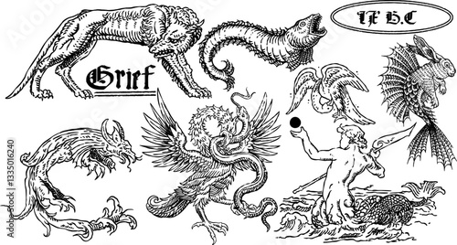 medieval engraving set handdrawn vector illustration