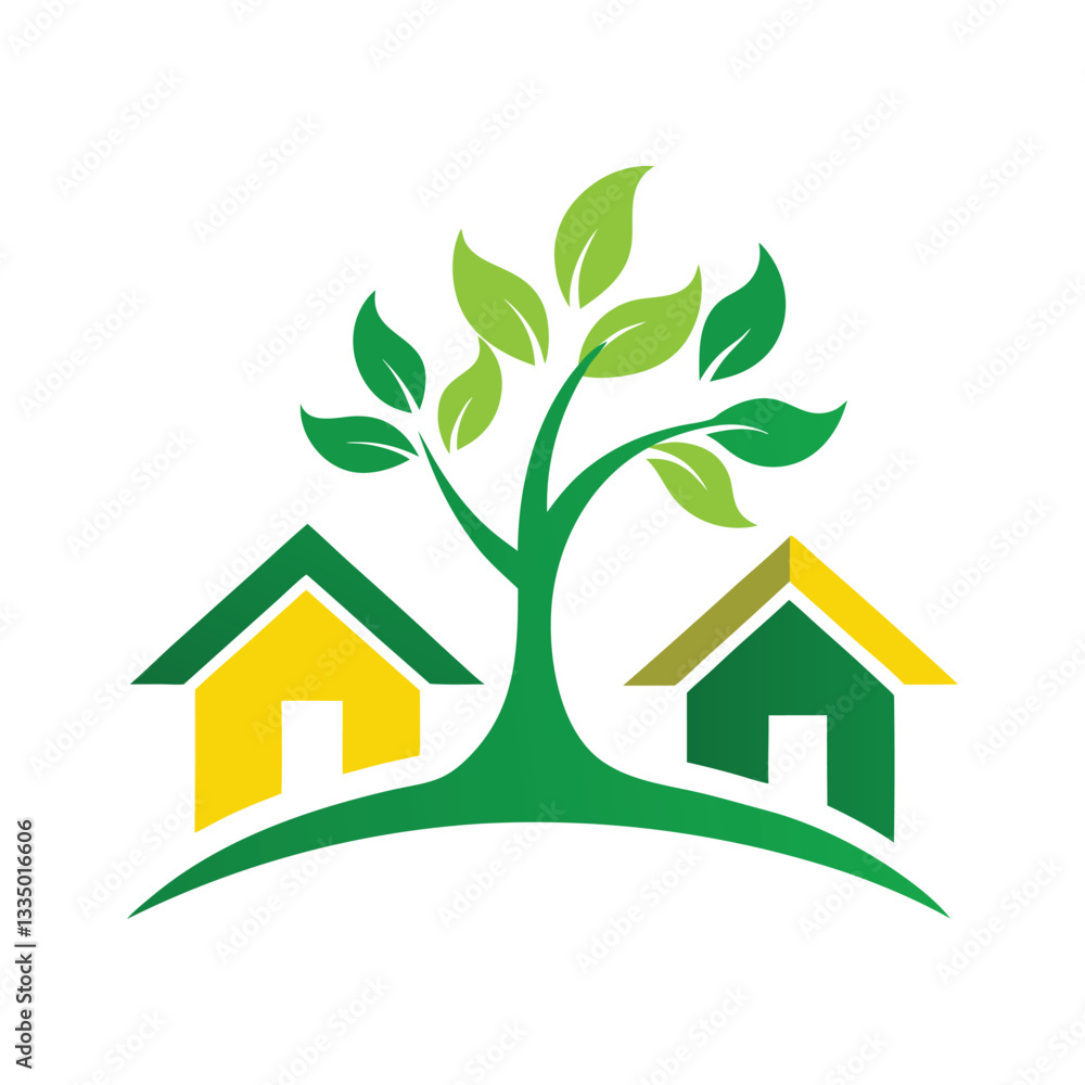 Green Tree and Two Houses Icon for Environmental Sustainability and Eco-Friendly Living Green Tree and Two Houses Icon for Environmental Sustainability and Eco-Friendly Living