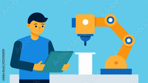 Robotic Arm Programming A technician programs a robotic arm using a tablet readying it for a new assembly task while the robot awaits instructions.
