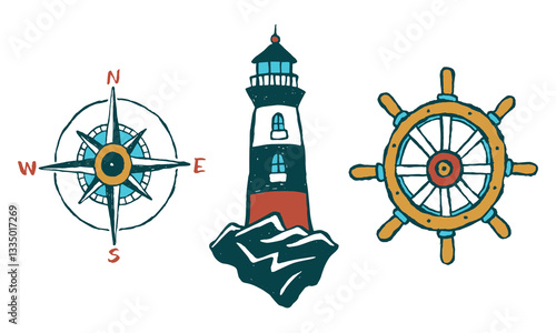 Hand drawn vintage nautical elements set with compass, lighthouse and helm. Vector illustration on white isolated background. Design for poster, banner, sticker, patch or t-shirt print