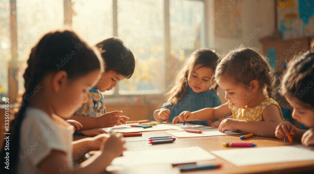 Children engaged in creative drawing activity in classroom. Children engaged in creative drawing activity in classroom.