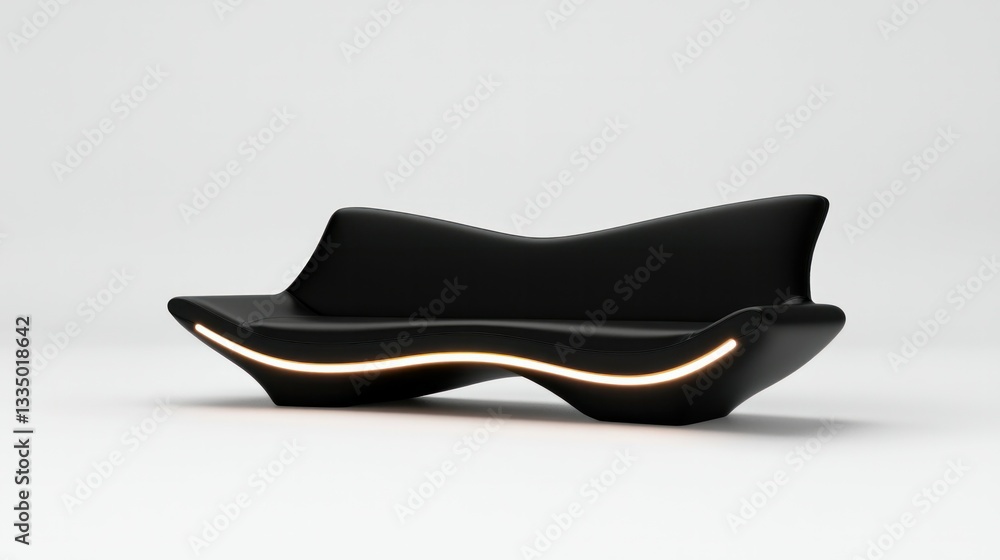 Stylish black futuristic sofa with curved design and led lighting feature. Stylish black futuristic sofa with curved design and led lighting feature.