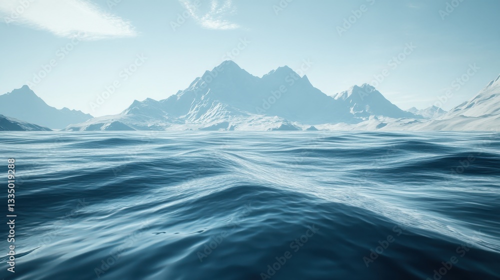 Serene Ocean Scene with Majestic Mountains and Clear Blue Sky Serene Ocean Scene with Majestic Mountains and Clear Blue Sky