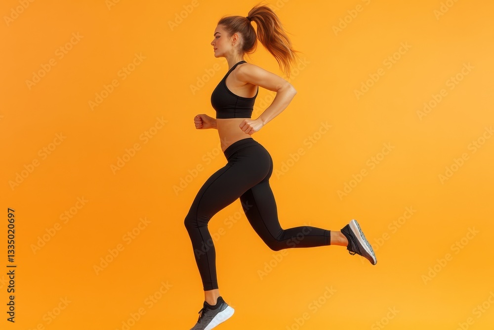 Fototapeta premium Woman with runs. Athletic woman wears black sports clothes. Simple vibrant orange background. Woman is exercising. Healthy lifestyle. Side view.