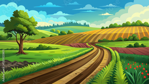 landscape, serene, farming, land, natural, spring, outdoors, ground, plowed field, A close up of a dirt road beside a lush green meadow and a freshly plowed field with rich black soil 