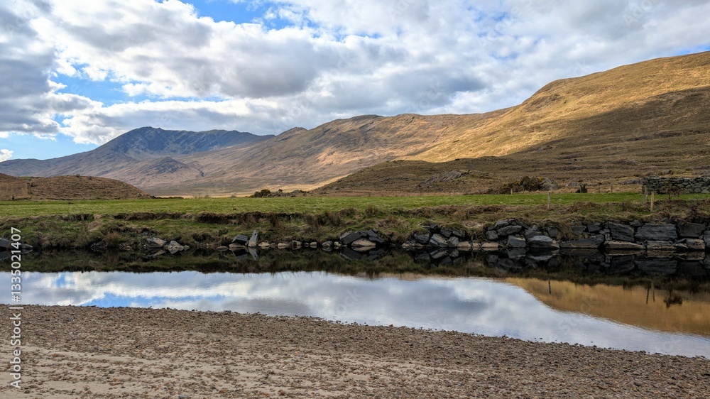 Beautiful landscape scenery, river Erriff surrounded by mountains near Aesleagh falls, county Mayo, Ireland, nature background