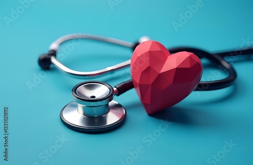 The medical stethoscope next to the heart is located on a blue background, side view. Measurement of heartbeat and blood pressure. A place for text or advertising. The concept of health, medicine