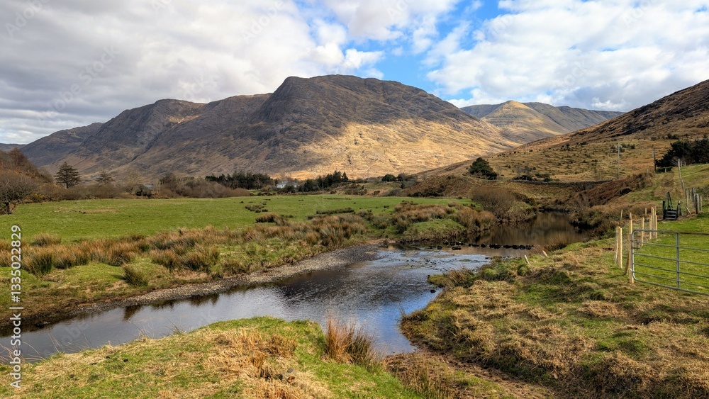 Beautiful landscape scenery, river Erriff surrounded by mountains near Aesleagh falls, county Mayo, Ireland, nature background