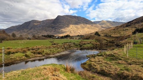 Obraz na płótnie Beautiful landscape scenery, river Erriff surrounded by mountains near Aesleagh falls, county Mayo, Ireland, nature background w salonie