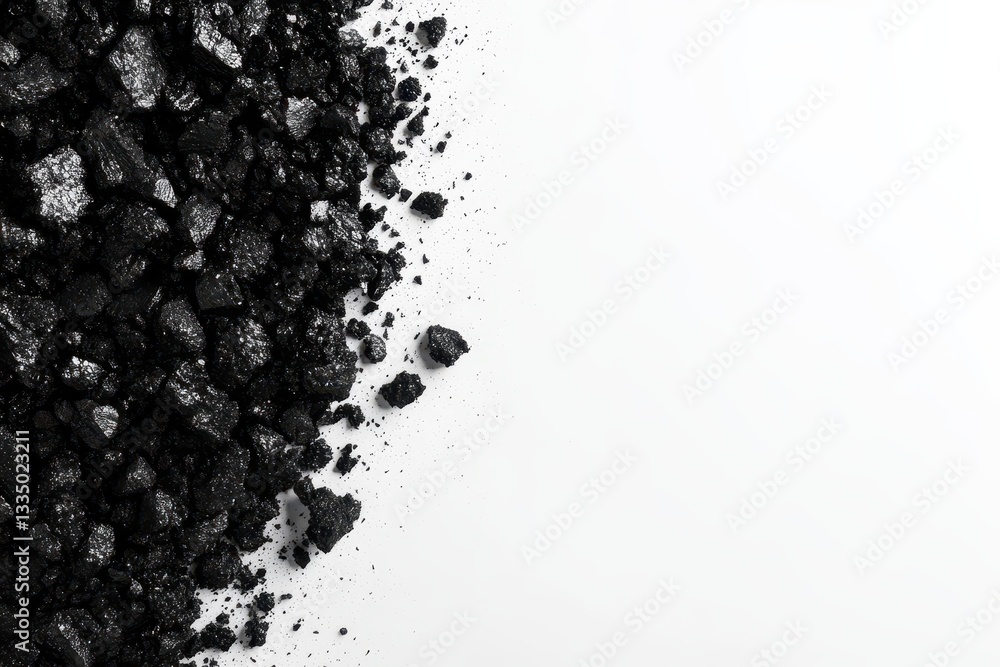 Obraz premium Black coal heap on white background aerial view