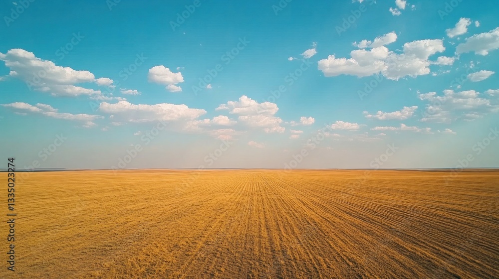 Vast golden wheat field under a clear blue sky with scattered clouds. Vast golden wheat field under a clear blue sky with scattered clouds.