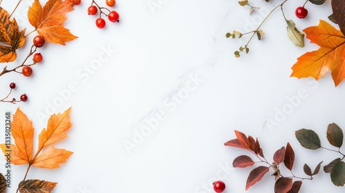 Autumn leaves and red berries on white marble background.