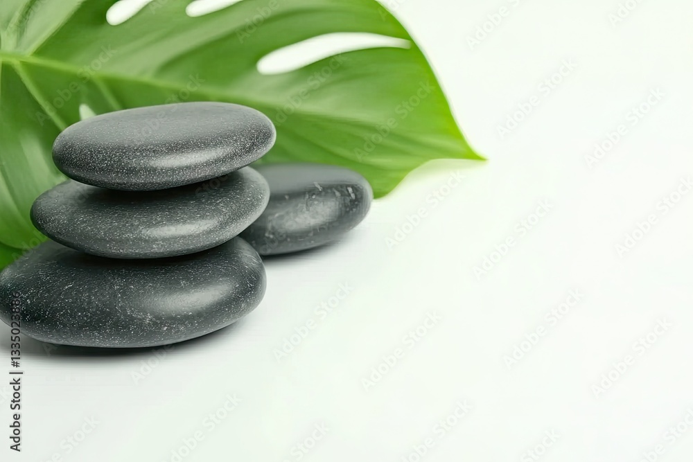Zen stones on a leaf, tranquil setting Zen stones on a leaf, tranquil setting