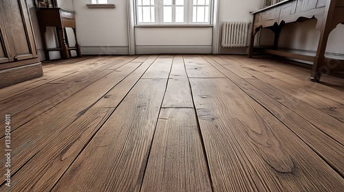 Rustic hardwood floor in a bright room.