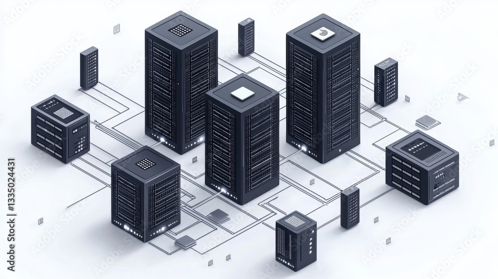 Abstract Data Center Network with Server Racks and Connected Lines in Modern Digital Style Abstract Data Center Network with Server Racks and Connected Lines in Modern Digital Style