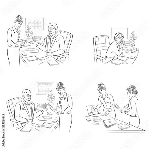 Collection. A girl hands over a document, paper to a man-boss, chief. A woman secretary in the office. Vector illustrations set.