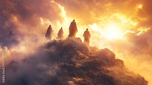 Jesus Christ standing on a high mountain, his garments illuminated with radiant white light, Moses and Elijah beside him in a mystical golden glow, Peter, James, and John bowing in sacred wonder,