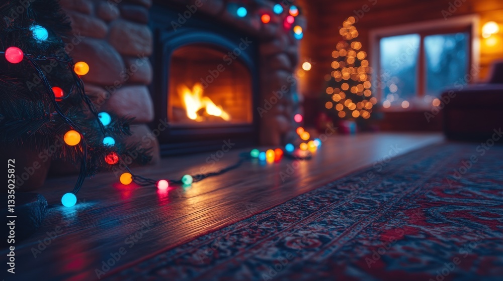 Obraz premium Cozy Christmas living room with fireplace and lights