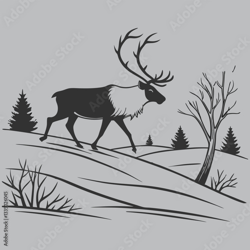 a caribou walking through the snow. silhouette vector design art and illustration