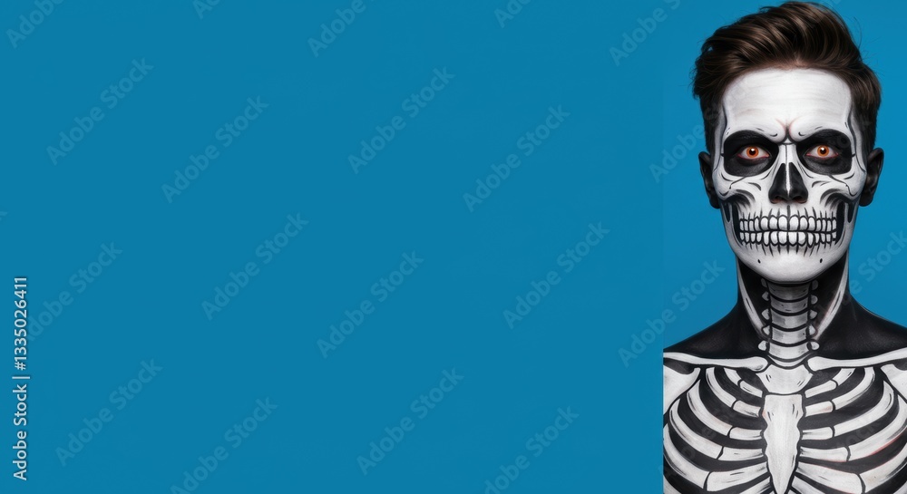 Half-face skeleton makeup on man with blue background for halloween party inspiration