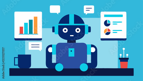 Robot Analyzer A friendly robot sitting at a desk examining various digital screens filled with graphs customer feedback and demographic statistics.