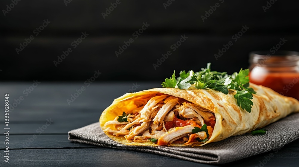 Fototapeta premium High-protein egg breakfast Delicious chicken wrap garnished with fresh herbs on a dark background.