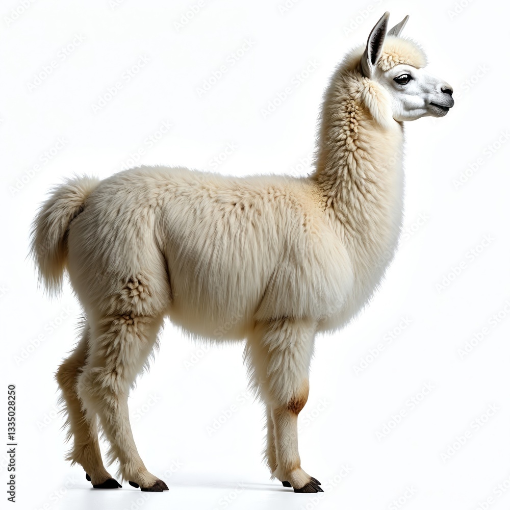 Fototapeta premium Graceful white llama stands on isolate background. Fluffy mammal in full growth, looks right. Farm animal with thick fur. Friendly creature. Tranquil wildlife portrait in wildlife sanctuary.