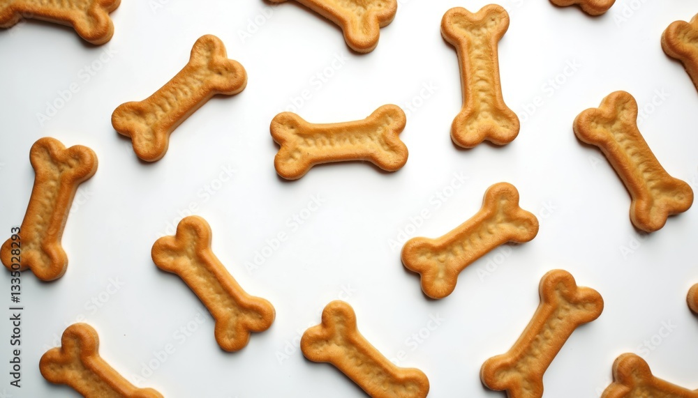 Brown dog treats in bone shape. Crispy delicious animal snack on white background. Puppy meal, dry food, pet care. Dog biscuits, cookie, snack, bone for canine dental health. Brown dog treats in bone shape. Crispy delicious animal snack on white background. Puppy meal, dry food, pet care. Dog biscuits, cookie, snack, bone for canine dental health.