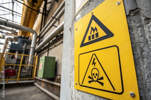 Warning signs indicate hazards in an industrial environment, emphasizing safety precautions against electrical and toxic risks. photo