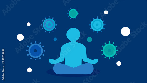 Peace of Mind An icon of a meditating figure surrounded by exosomes and nanobots representing the holistic approach of antiaging treatments.