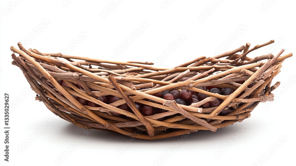 Obraz premium A berry-picking wicker basket crafted from willow twigs, isolated against a white background. 