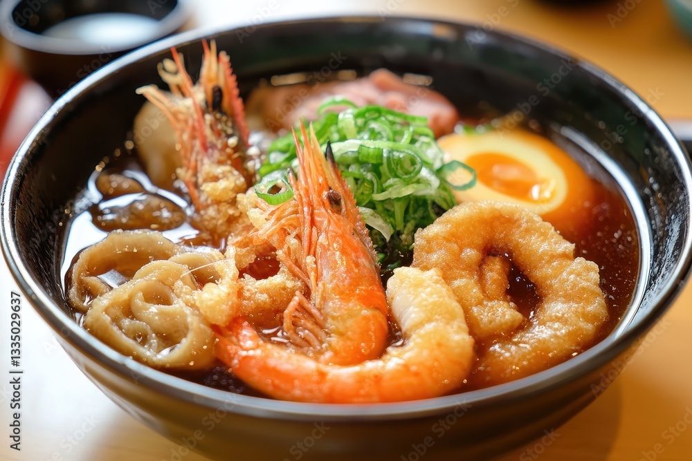 Boiled seafood chicken and pork sukiyaki served with crispy pickled squid shrimp and vegetables in a bowl with dipping sauce Boiled seafood chicken and pork sukiyaki served with crispy pickled squid shrimp and vegetables in a bowl with dipping sauce