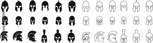 spartan helmet icon in flat, line style set isolated on transparent background