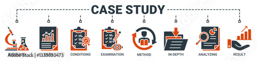 Case study banner web icon vector illustration concept with icon of research, data, conditions, examination, method, in-depth, analyzing, and result icons. Solid color vector symbol background.