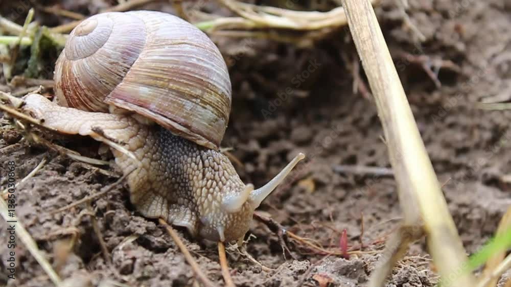 The snail crawls on the ground, moves slowly. Close-up The snail crawls on the ground, moves slowly. Close-up