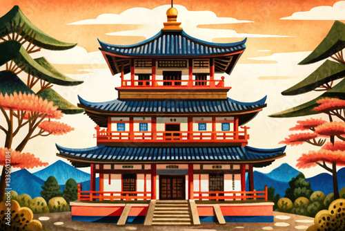 east asia pagoda temple with trees background abstract field