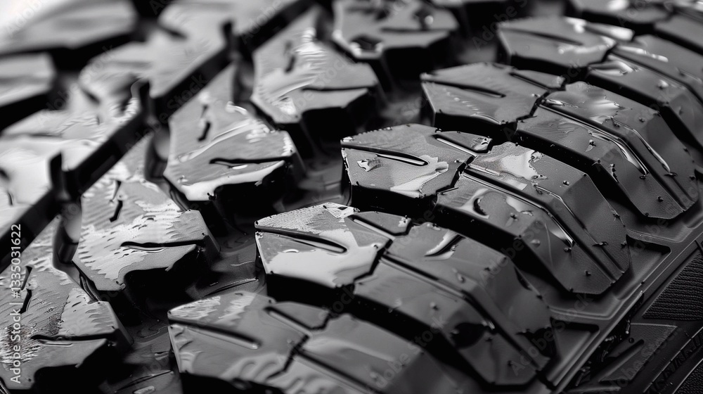 Fototapeta premium Close-up intricate tread pattern of a tire, with water droplets accentuating its rugged texture