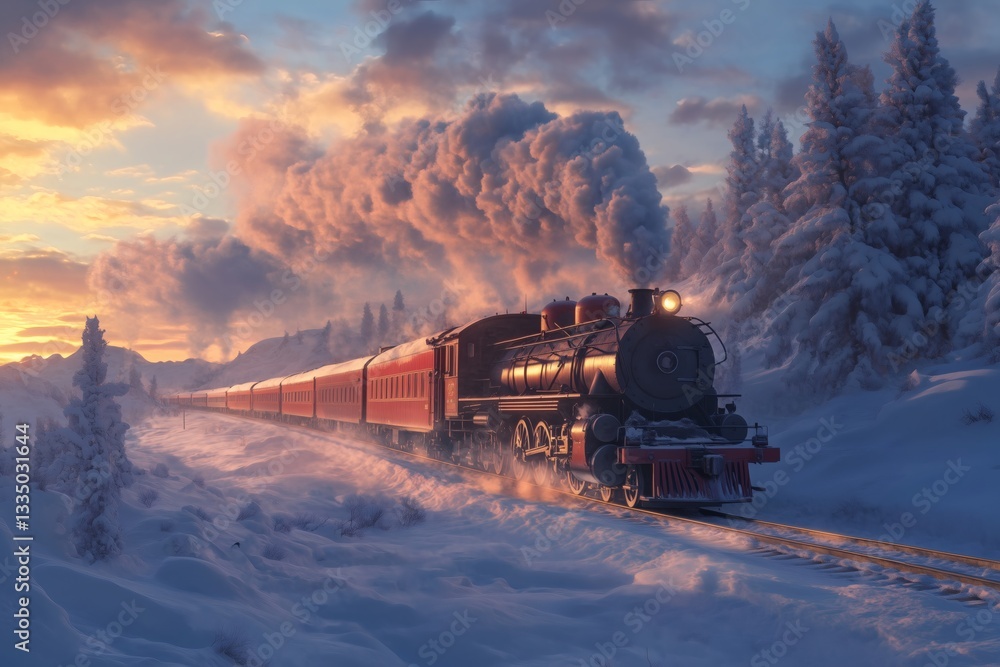 Winter train journey through snowy landscape Winter train journey through snowy landscape